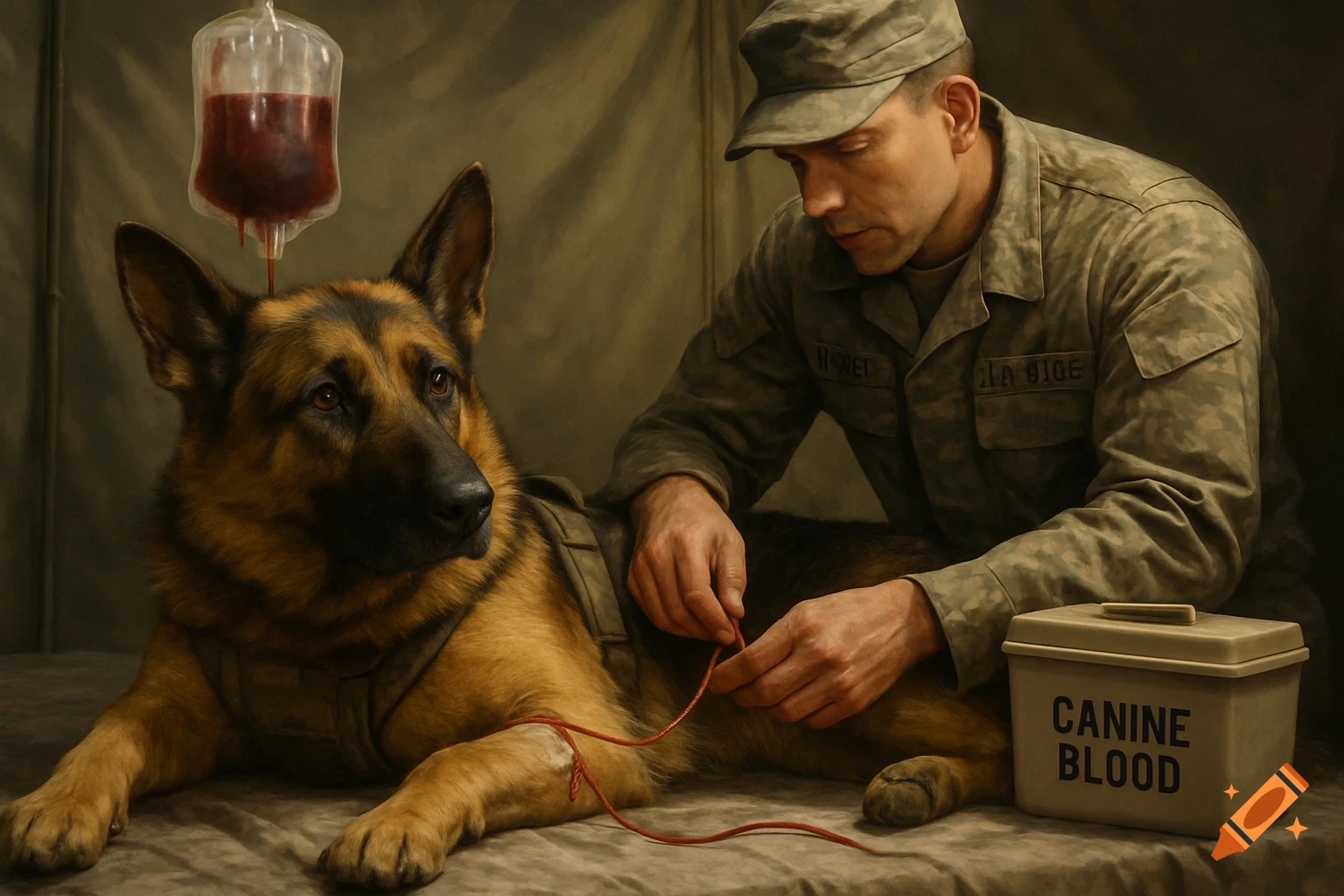 A photorealistic image of a brave German Shepherd military working dog lying down and receiving a blood transfusion from an IV bag, administered by an Air Force medic. A container labeled "CANINE BLOOD" rests nearby.