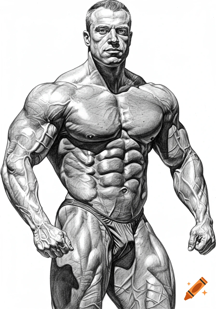 Detailed pencil sketch of a very muscular male bodybuilder in posing briefs.