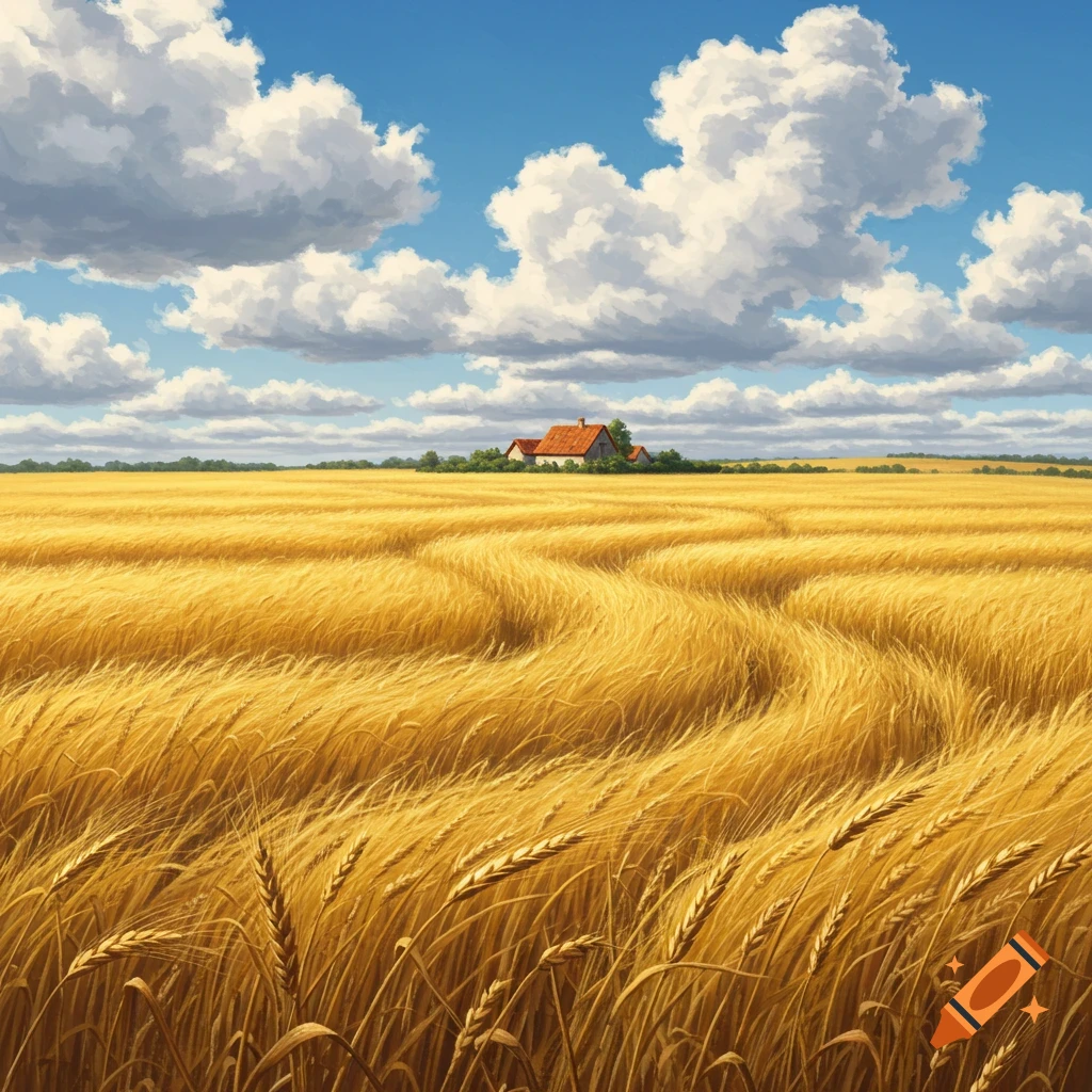 A vast golden rye field with winding paths, leading to a small house under a blue sky with large white clouds.