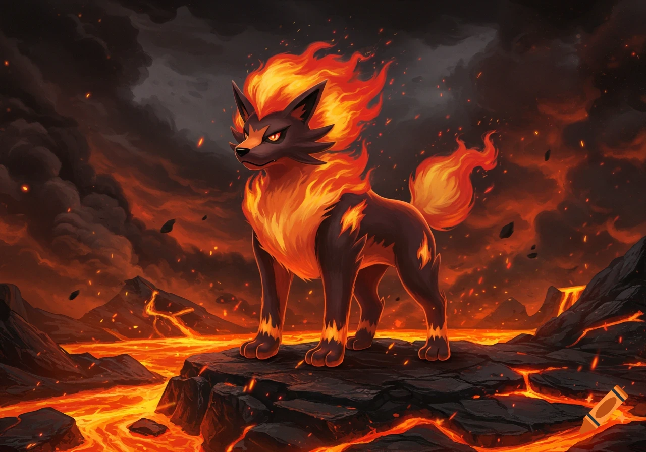 A majestic fire-type dog-like creature with fiery mane and tail stands on a rock in a volcanic landscape with flowing lava.