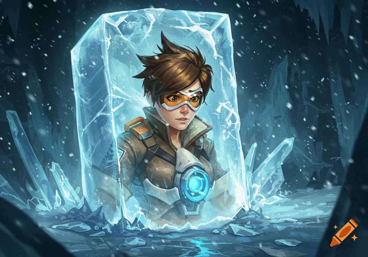Tracer from Overwatch, a woman with goggles, frozen inside a large block of ice in a snowy, dark environment.