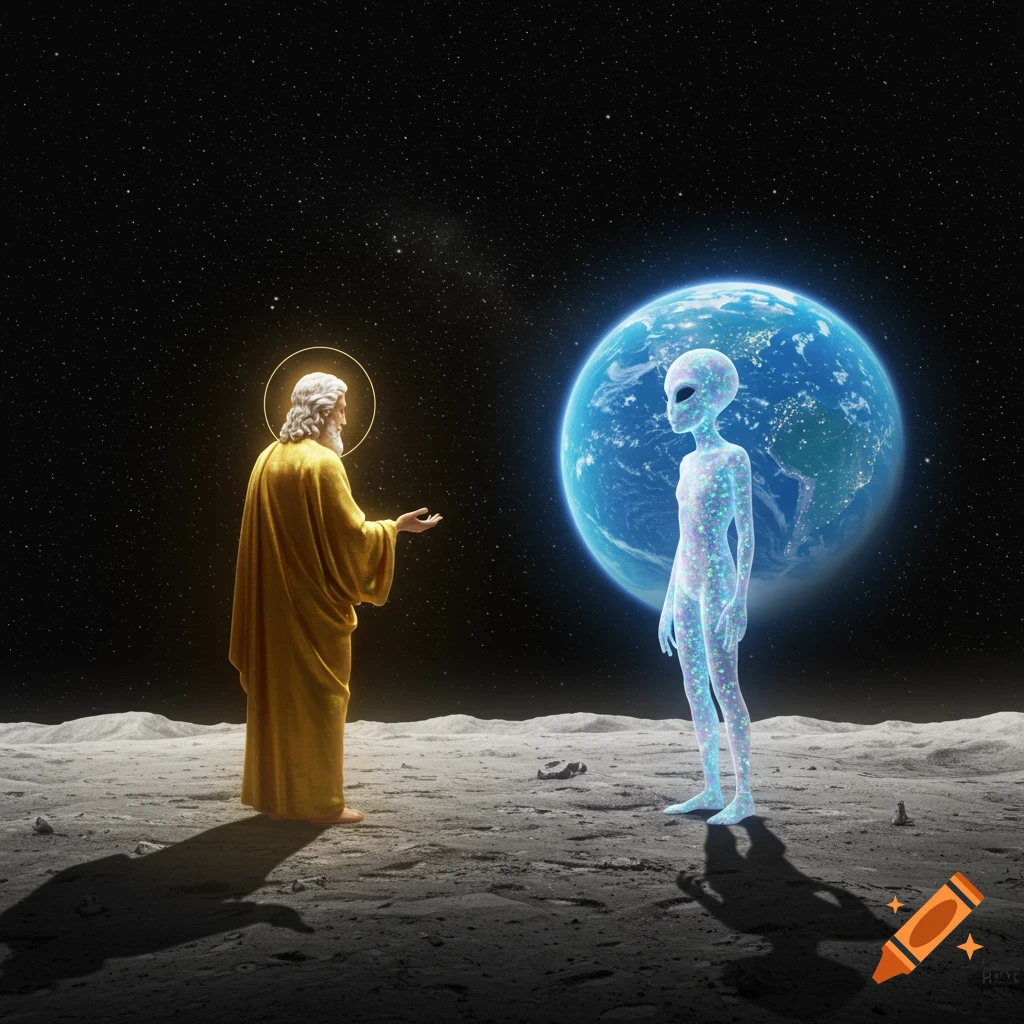 A robed figure resembling God with a halo talks to a translucent alien on the moon, with Earth visible in the starry background.