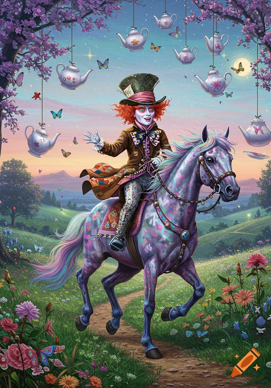 The Mad Hatter rides a colorful horse through a whimsical landscape with hanging teapots and butterflies.