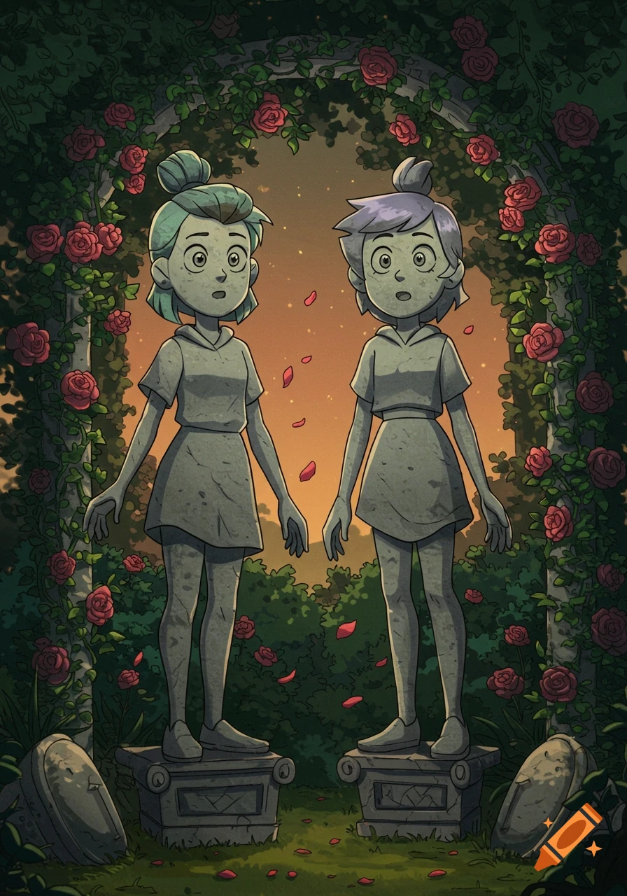 Anime-style stone statues of Luz and Amity with surprised expressions under a rose archway in a garden at sunset.