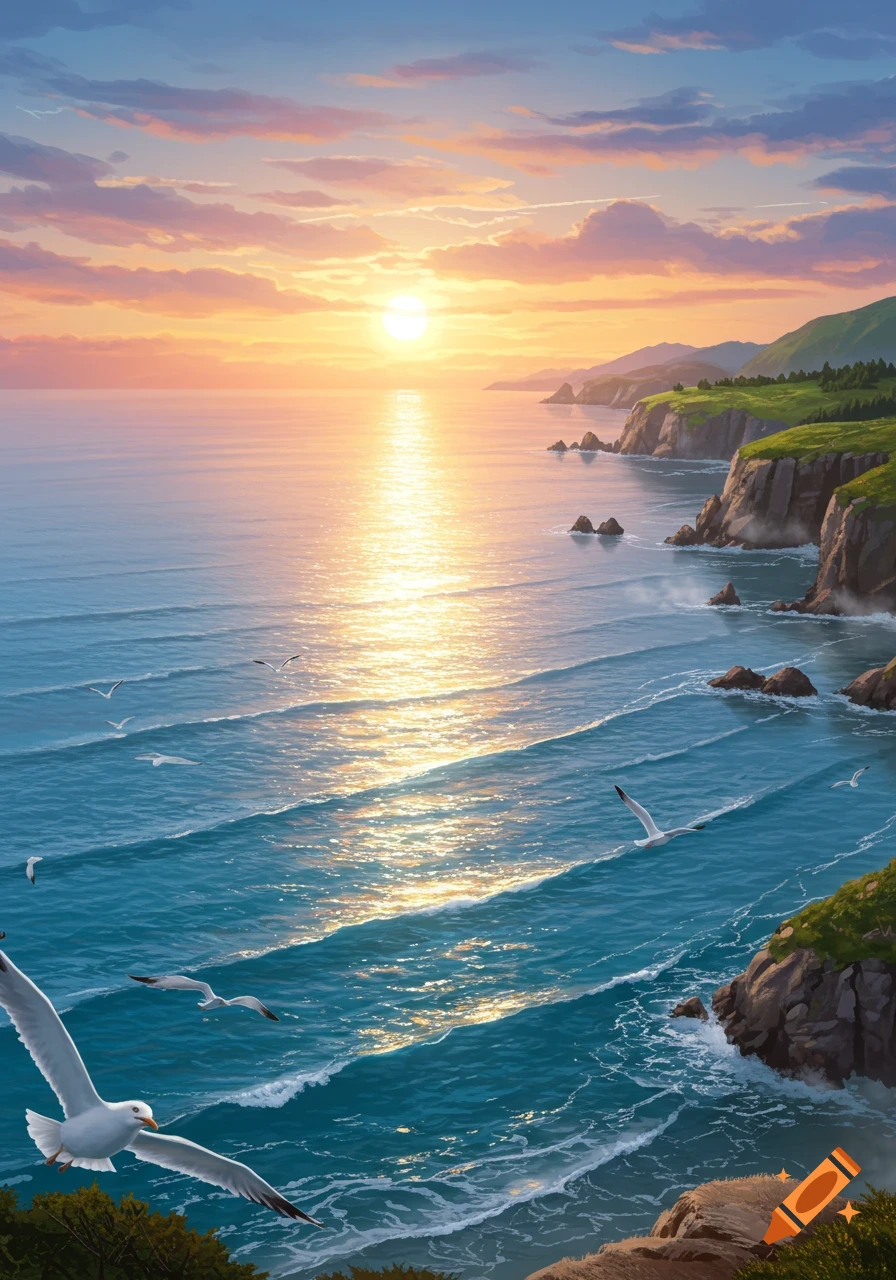 Vibrant sunset over a rugged coastline with a bright ocean reflection and flying seagulls.