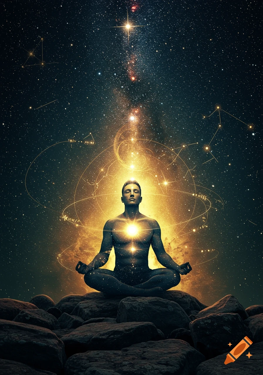 A man meditates in a lotus position on rocks under a starry night sky. Golden light emanates from him, connecting to the cosmos.