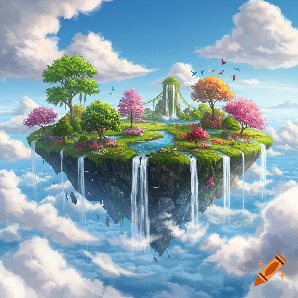 A lush, vibrant floating island with colorful trees, rivers, and waterfalls, surrounded by clouds in a bright blue sky.