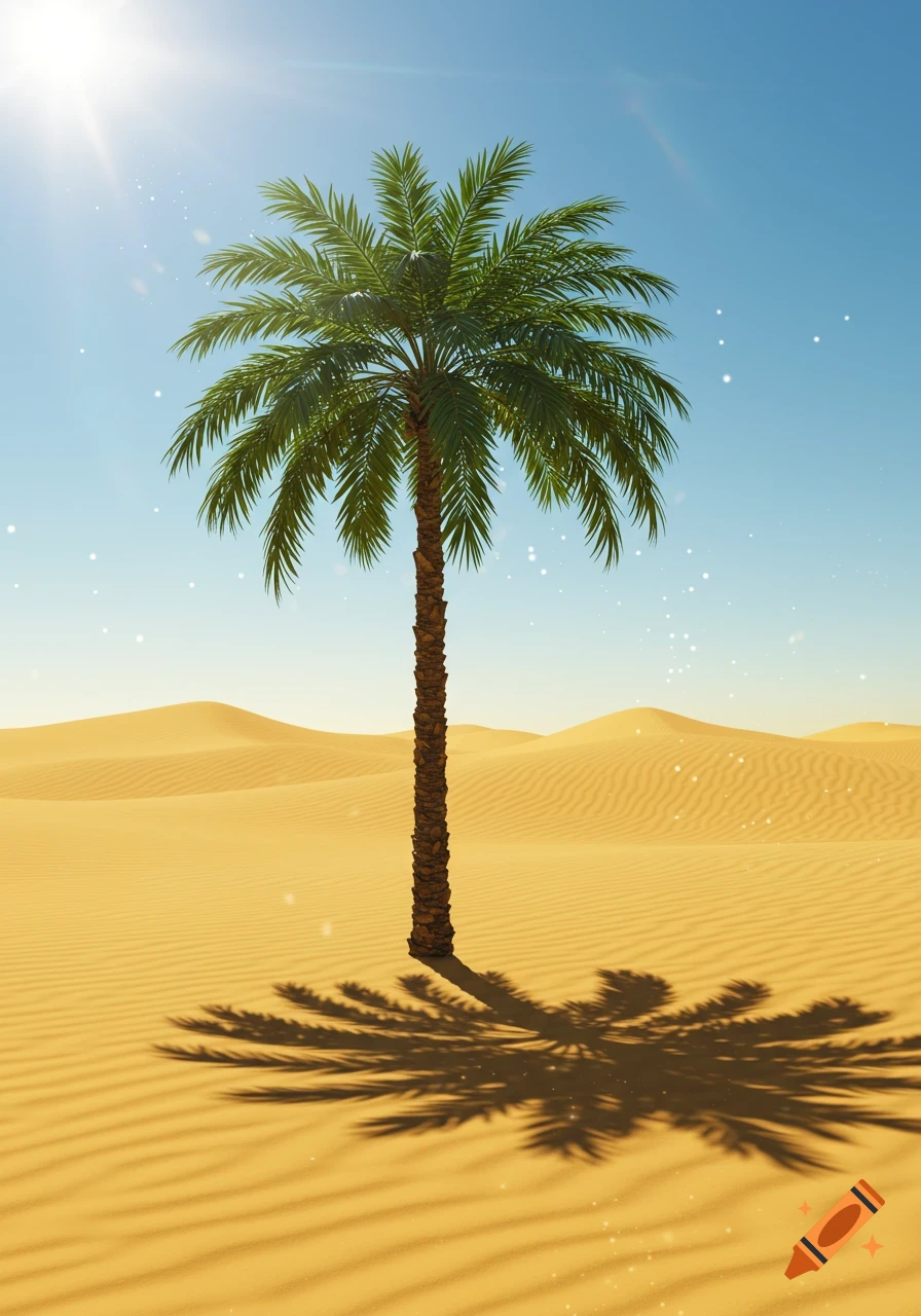 A lone palm tree stands tall in a vast desert of rolling sand dunes under a bright blue sky.