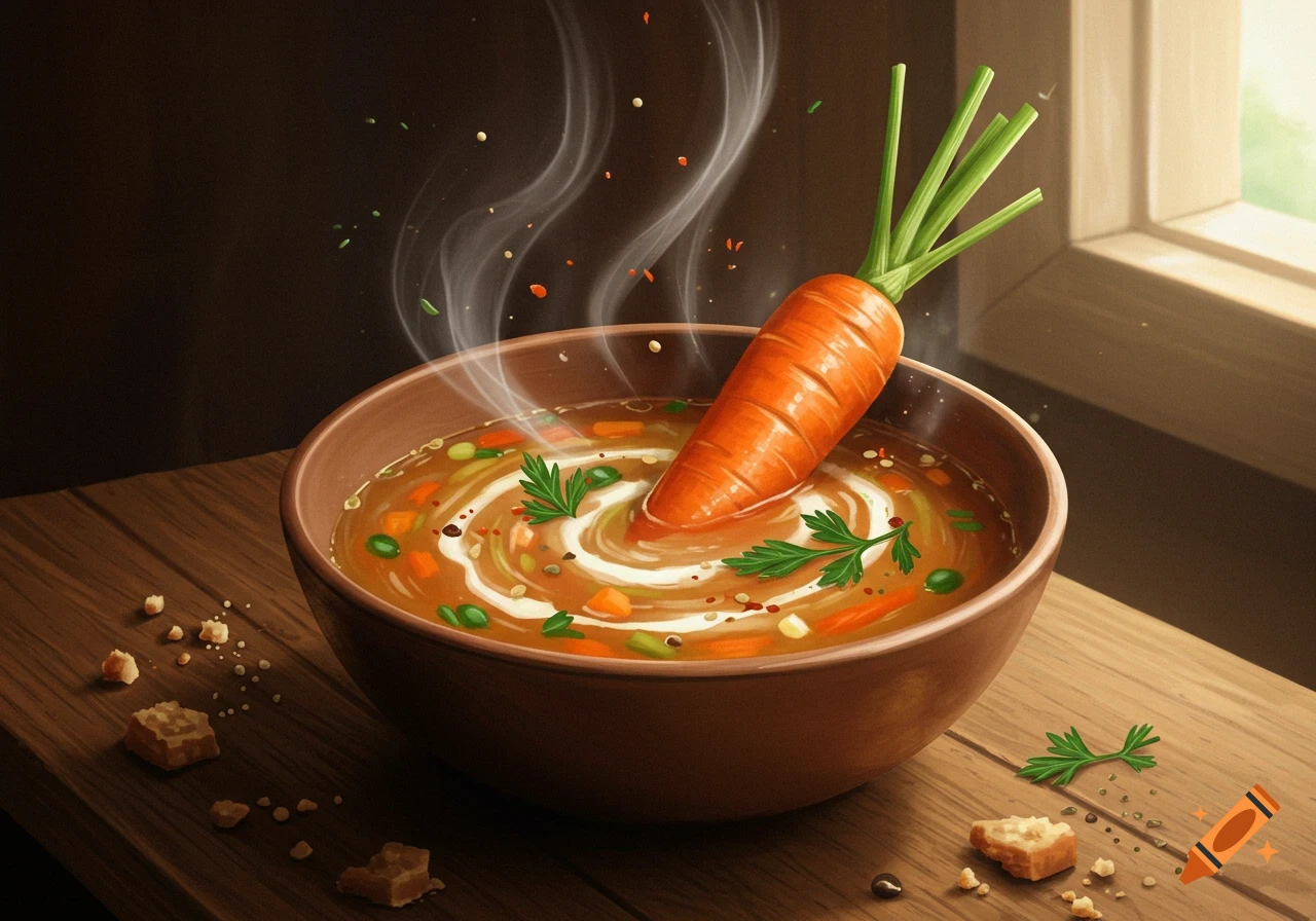 A steaming bowl of vegetable soup with a whole carrot standing upright in it, on a wooden table by a window.
