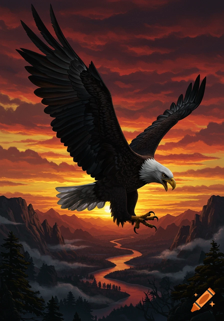 A majestic bald eagle with outstretched wings descends over a winding river in a mountain valley, bathed in the fiery red and orange hues of a sunset.