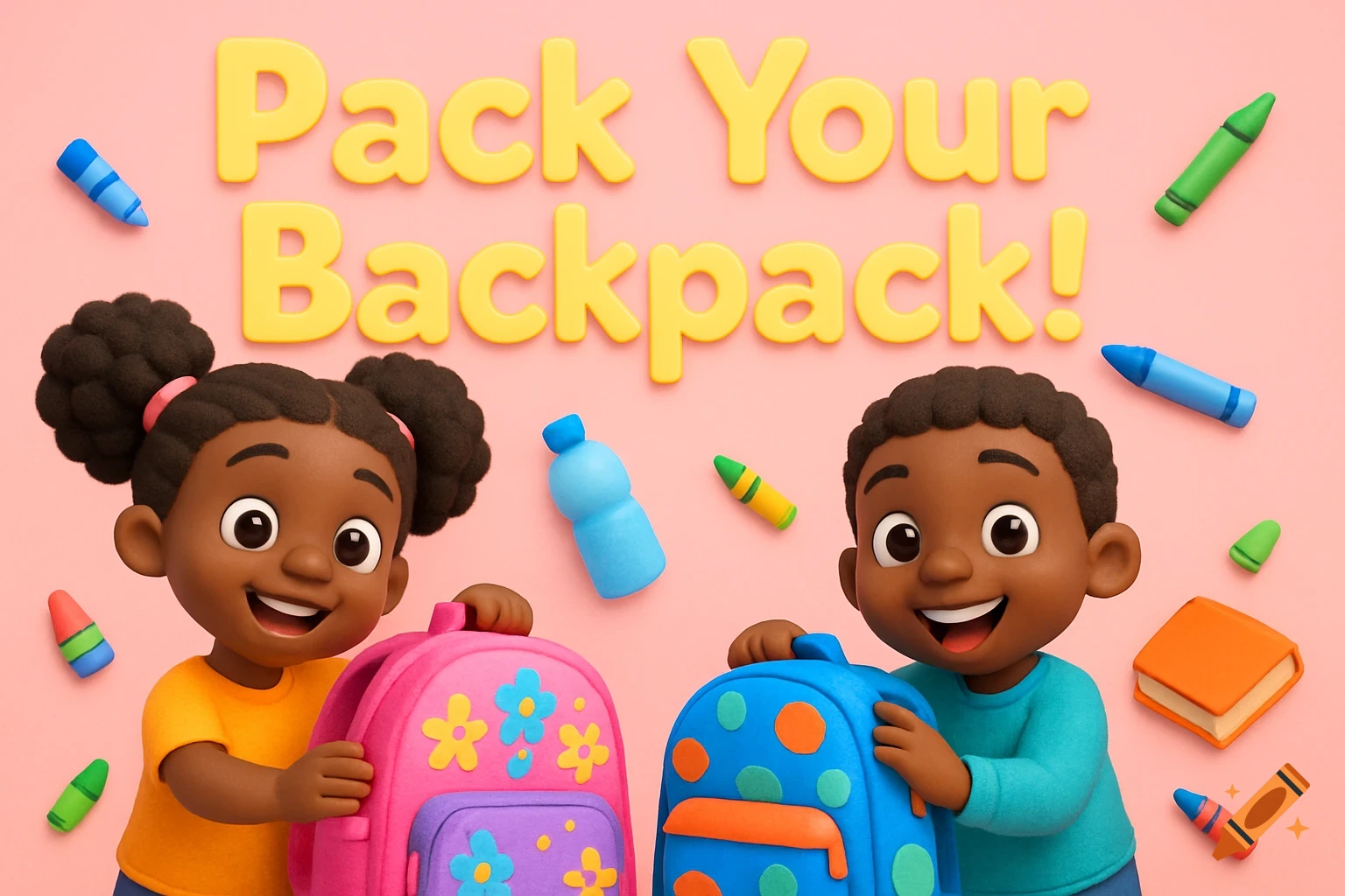 Two smiling cartoon African American children with backpacks surrounded by school supplies and text that reads Pack Your Backpack!