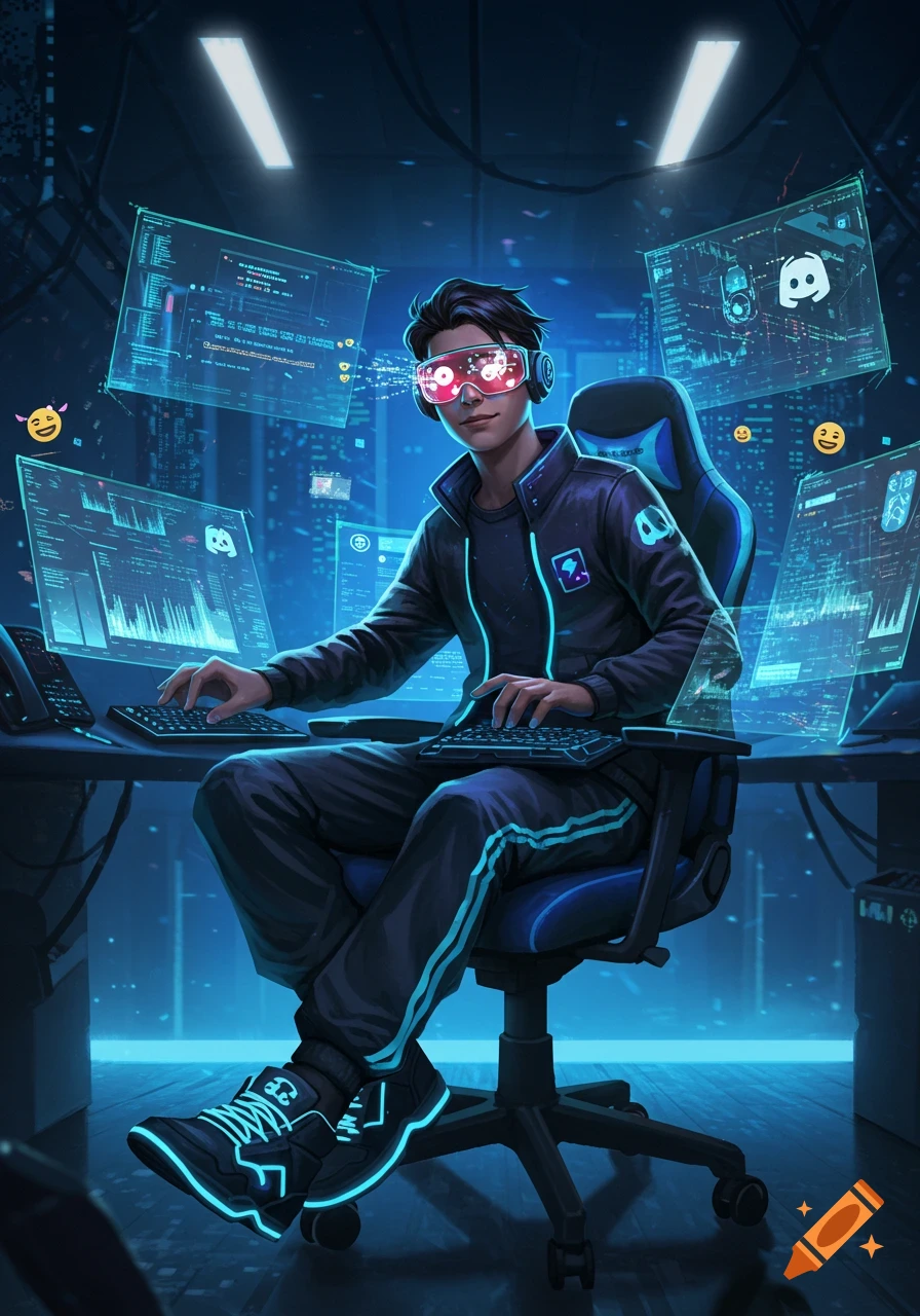 A digital art illustration of a young man wearing glowing VR glasses and a jacket with a Discord logo, sitting at a desk with holographic screens in a blue-lit, high-tech room.