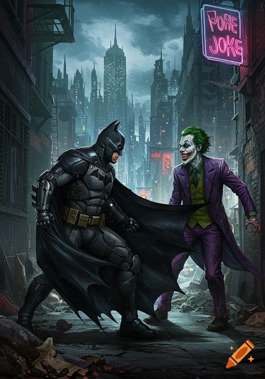Batman and Joker confront each other on a dark, gritty city street at night, illuminated by neon signs.
