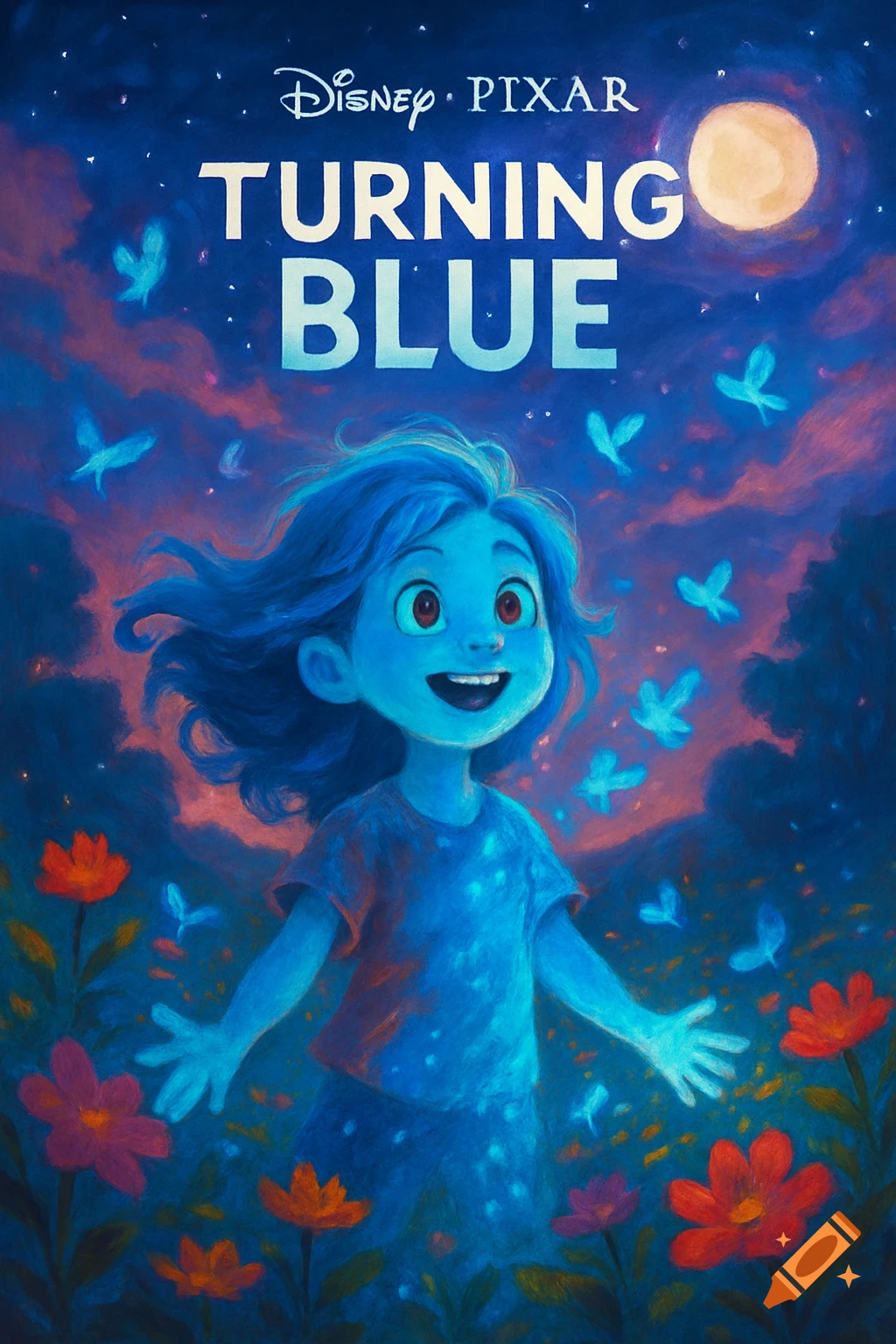 Illustrated movie poster for 'Turning Blue' showing a smiling blue-skinned cartoon girl with glowing blue butterflies in a field at night under a full moon.