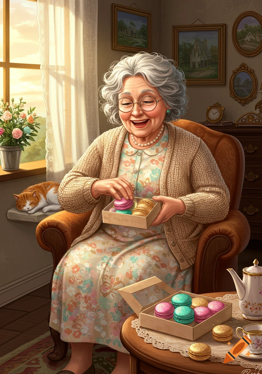A happy elderly woman in a flowered dress and cardigan sits in an armchair, opening a box of colorful macarons. A cat sleeps on the windowsill beside her.