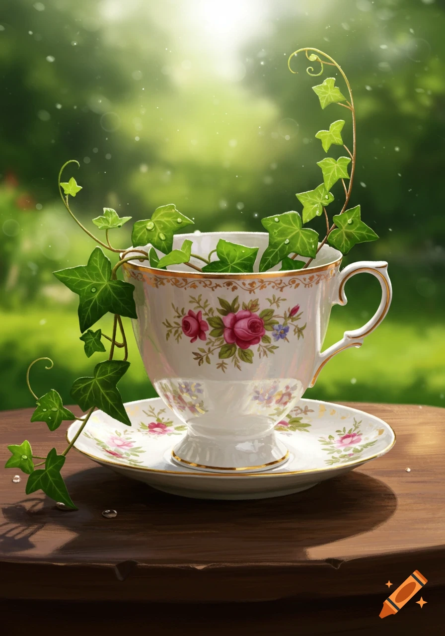 A white teacup with a floral pattern and gold trim has green ivy wrapped around it, sitting on a wooden table outdoors with a blurry green background.