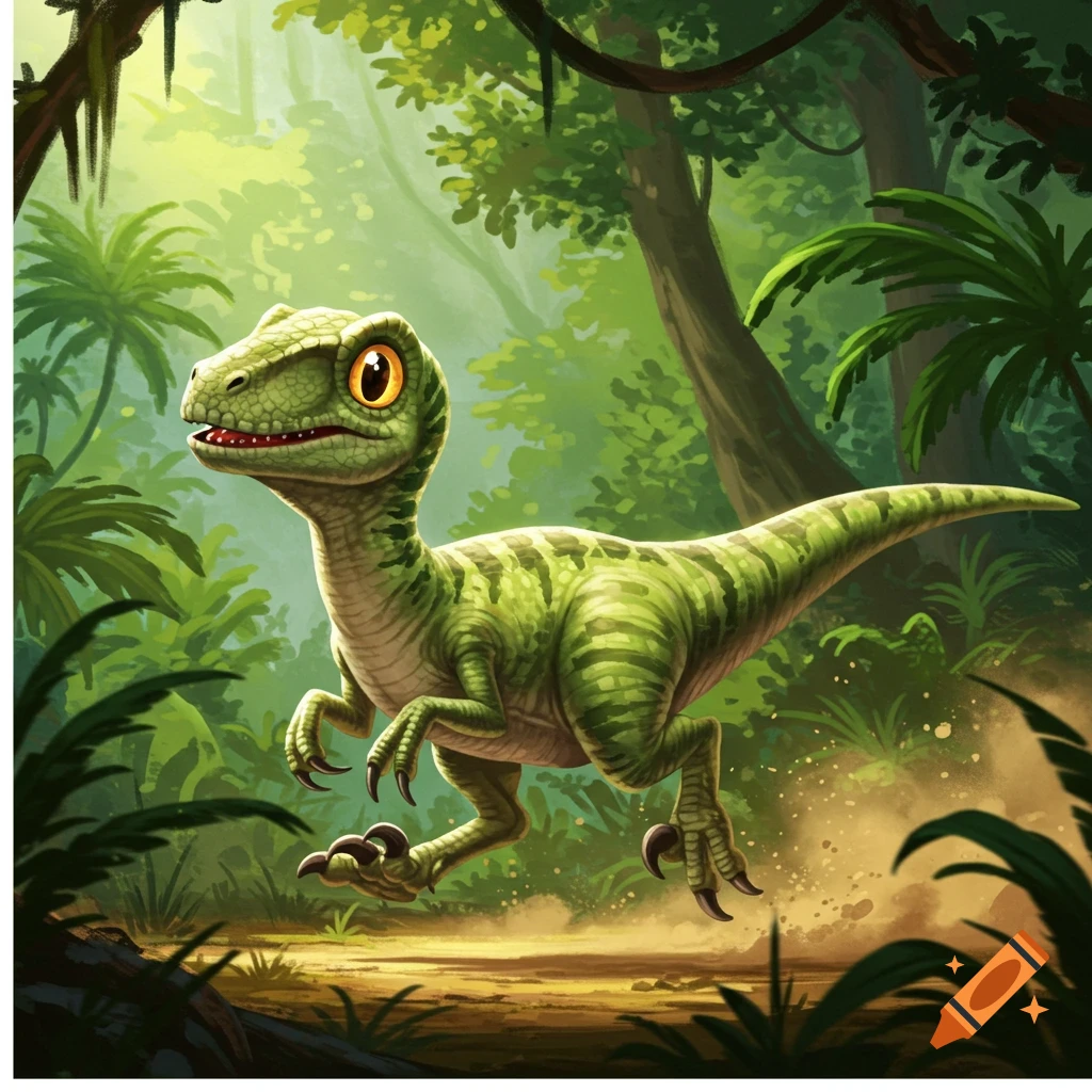 A cute green cartoon velociraptor with large orange eyes runs through a lush jungle.
