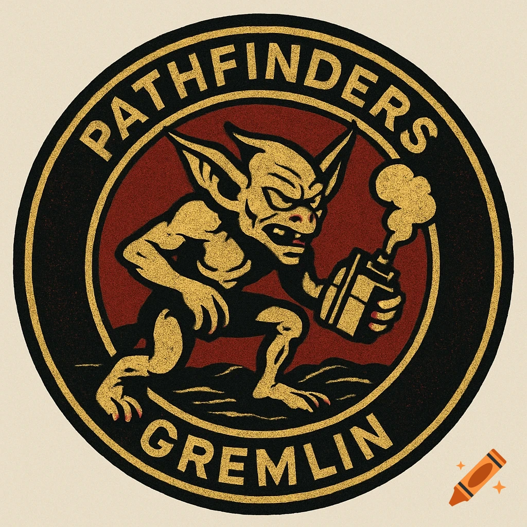 A vintage military patch with a gold gremlin holding a smoking explosive on a red background. Text reads 'PATHFINDERS' and 'GREMLIN'.