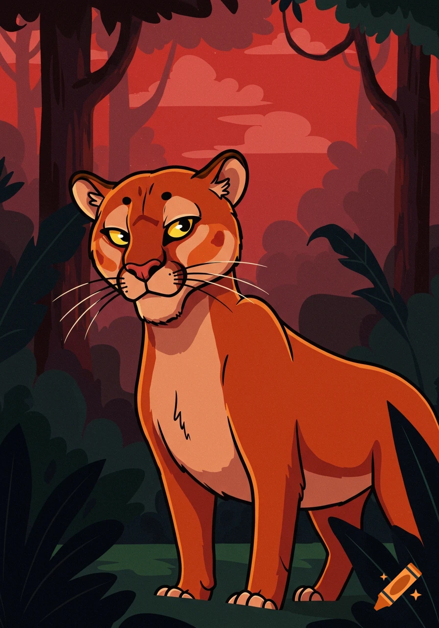 A stylized cartoon cougar with yellow eyes looks out from a dark forest with red sky.