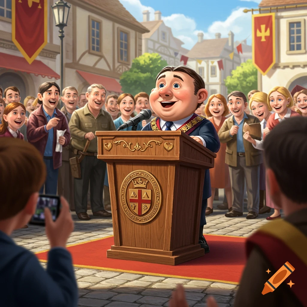 A smiling cartoon mayor speaks at a wooden podium in a town square to a cheering crowd.