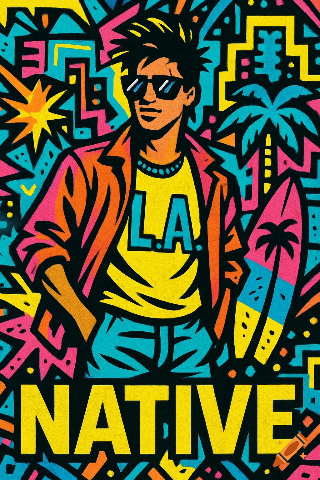 Pop art illustration of a person in sunglasses and jacket with 'L.A.' shirt, holding a surfboard, against a colorful abstract background. Text reads 'NATIVE'.