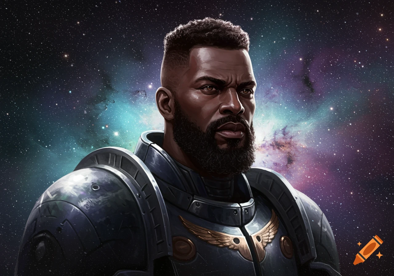 A Black man with a fade haircut and full beard, wearing dark futuristic power armor with golden wing insignia, against a vibrant galaxy background.