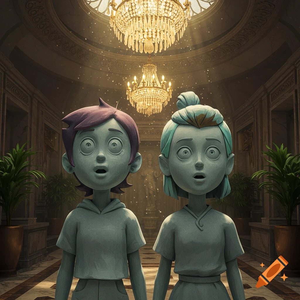 Two animated characters resembling stone statues with surprised expressions stand in a grand, ornate hall with chandeliers.