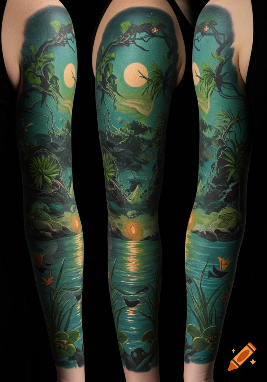 A full sleeve tattoo featuring a teal jungle night scene with a bright moon over water, in an illustrative style.