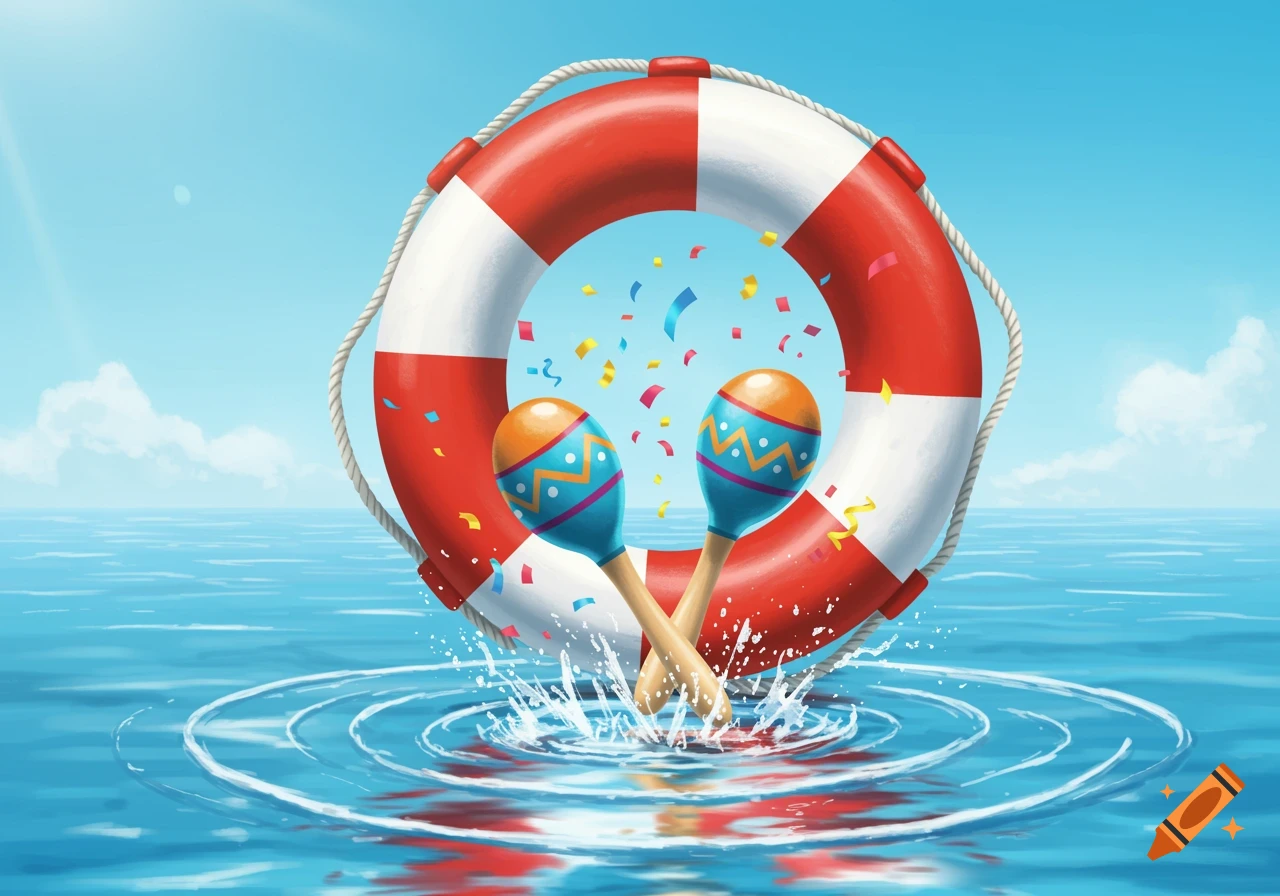 An illustration featuring a red and white life ring and two maracas floating in blue water with confetti and splashes.