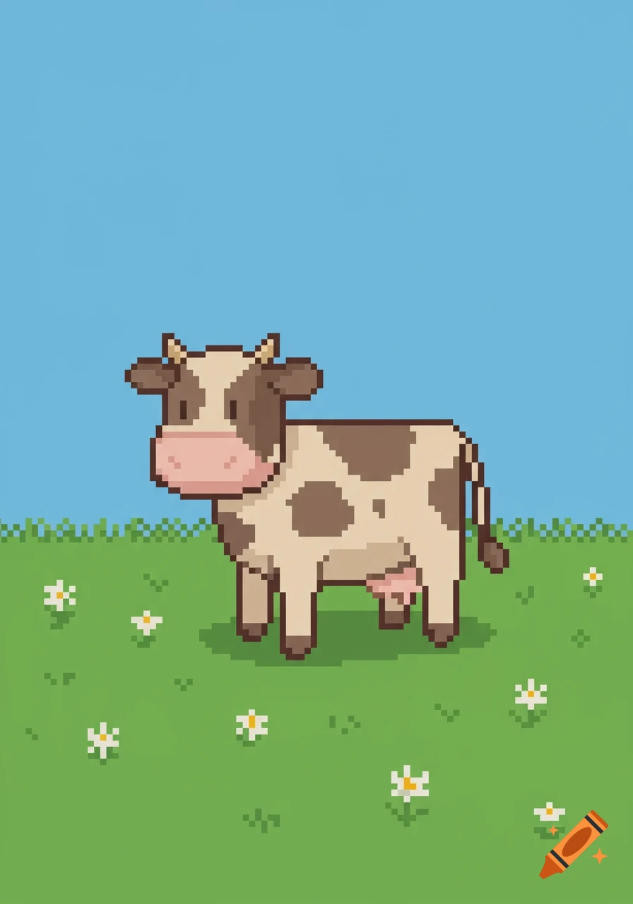 A brown and white pixel art cow stands in a green field with small white flowers under a blue sky.