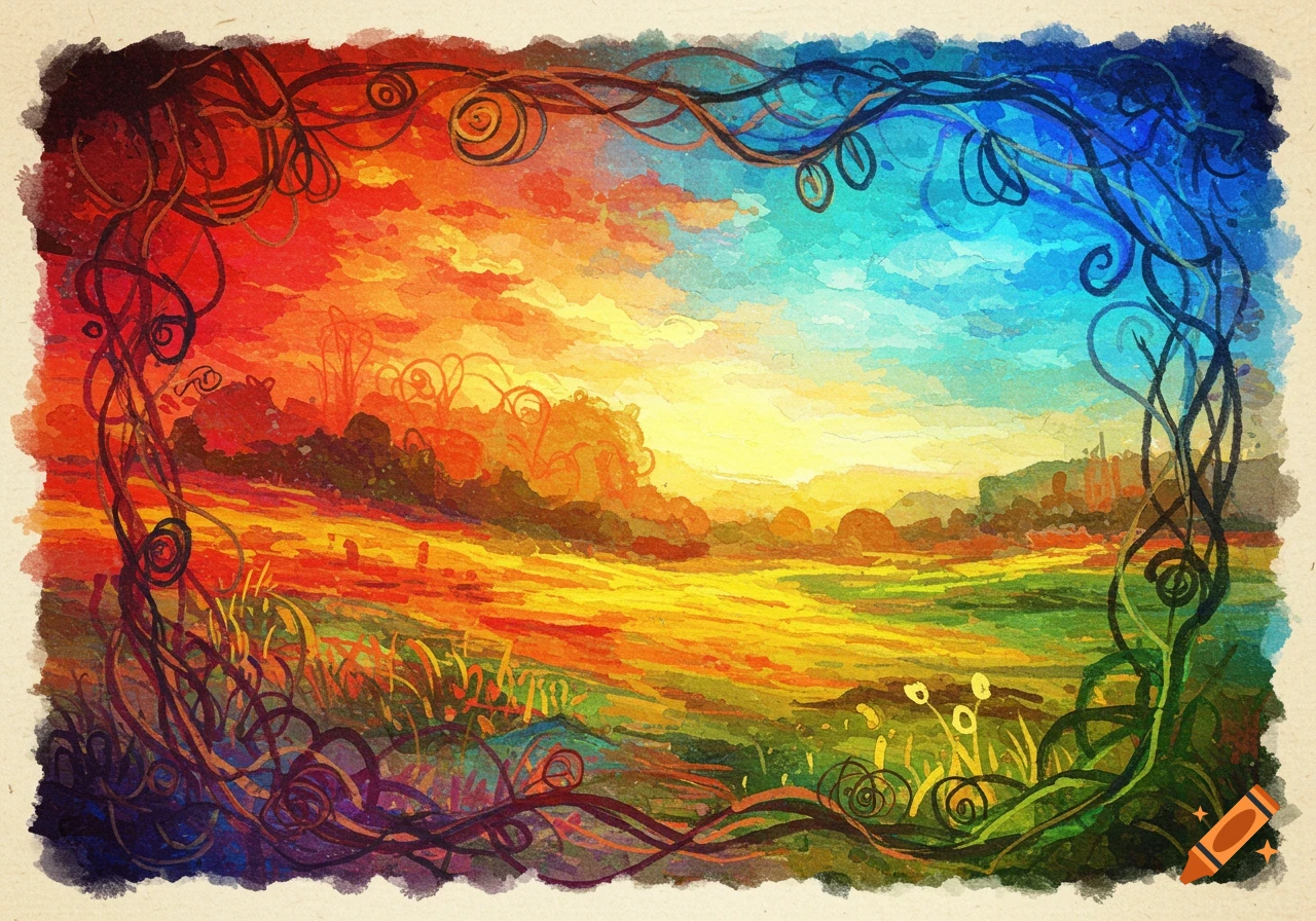 Vibrant landscape painting with a warm, fiery left side transitioning to cool, blue tones on the right, framed by swirling dark vines.