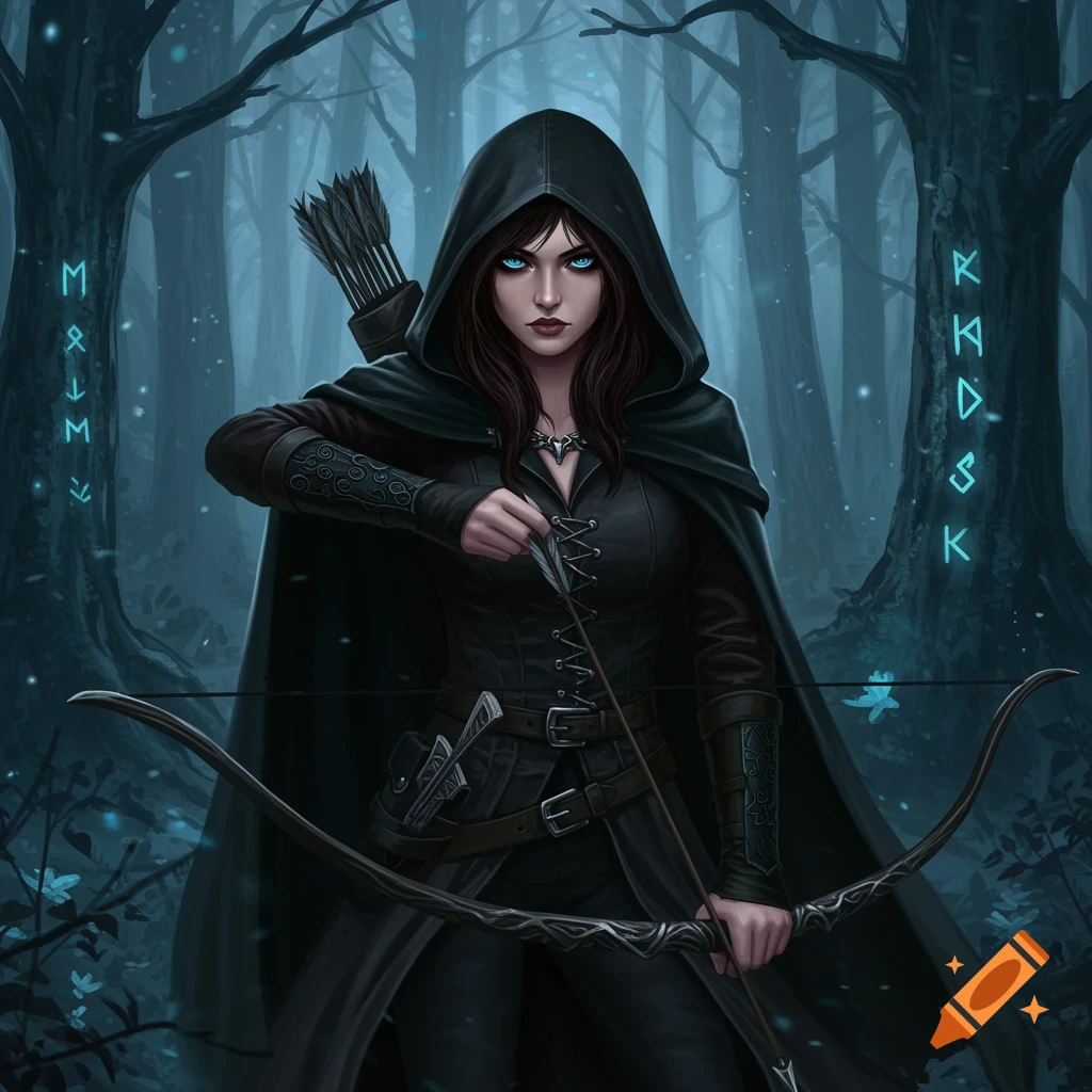 A female archer in a dark hooded cloak nocking an arrow in a mystical, snowy forest with glowing runes.