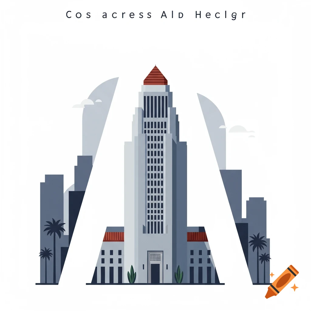 A stylized illustration of Los Angeles City Hall, shaped like a capital A, surrounded by a minimalist cityscape.