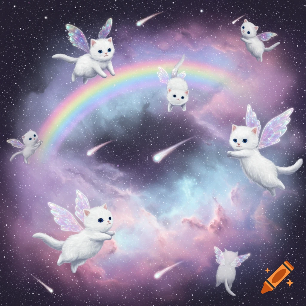 Fluffy white winged kittens fly through a pastel rainbow and nebula in space with shooting stars.