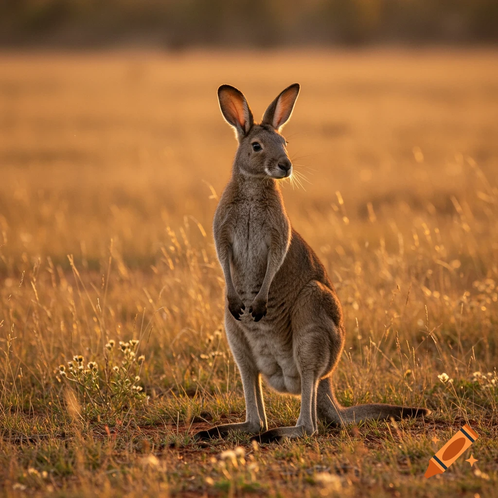 A photorealistic image of a kangaroo standing in a golden, sunlit field at sunset.