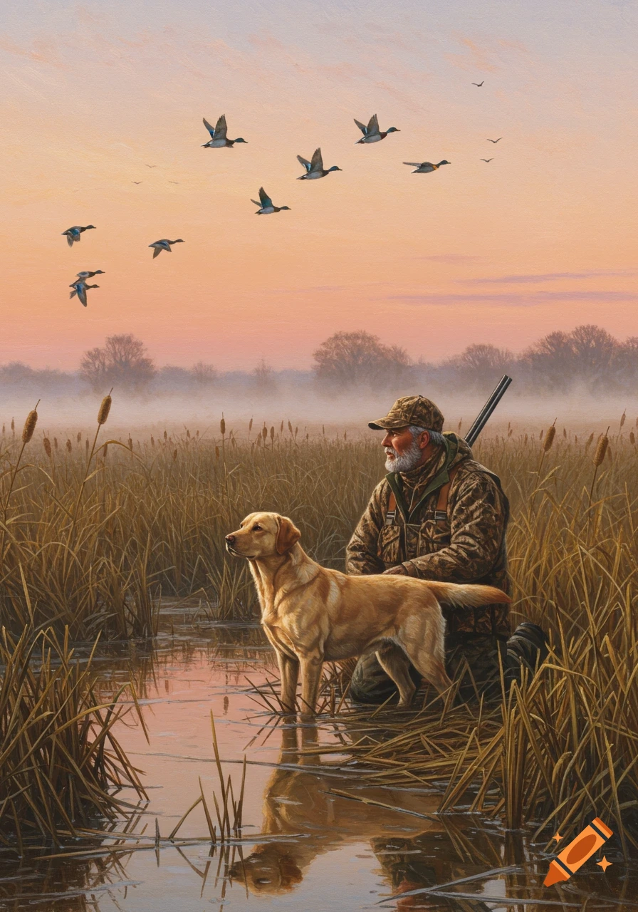 A realistic painting of a hunter and his yellow Labrador retriever wading in a misty marsh at sunset with ducks flying overhead.