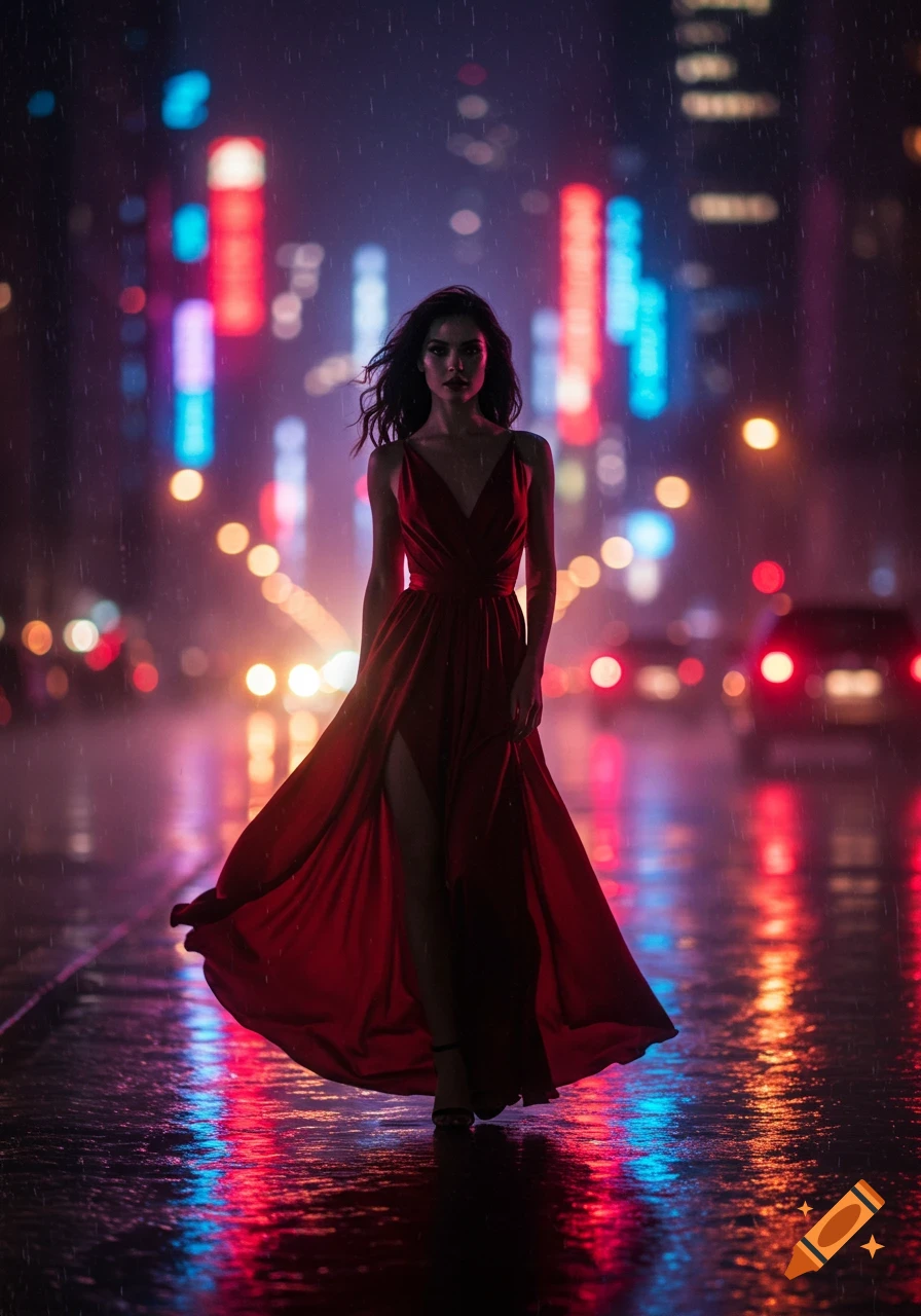 A woman in a red dress walks on a wet city street at night, reflecting neon lights.