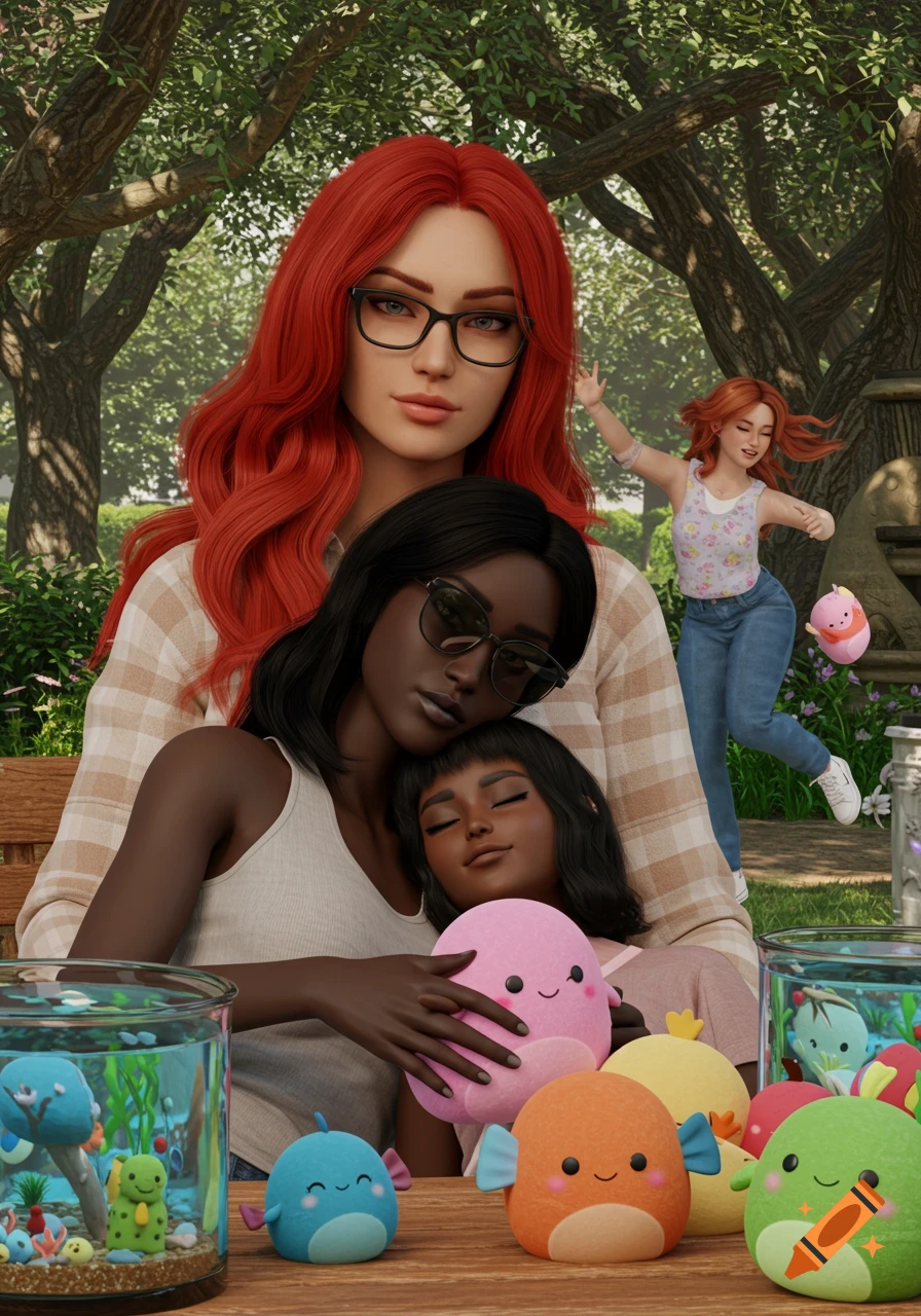 A 3D render of a red-haired woman with glasses, a Black woman with sunglasses holding a sleeping child, surrounded by plush toys in a sunny park with another woman running in the background.