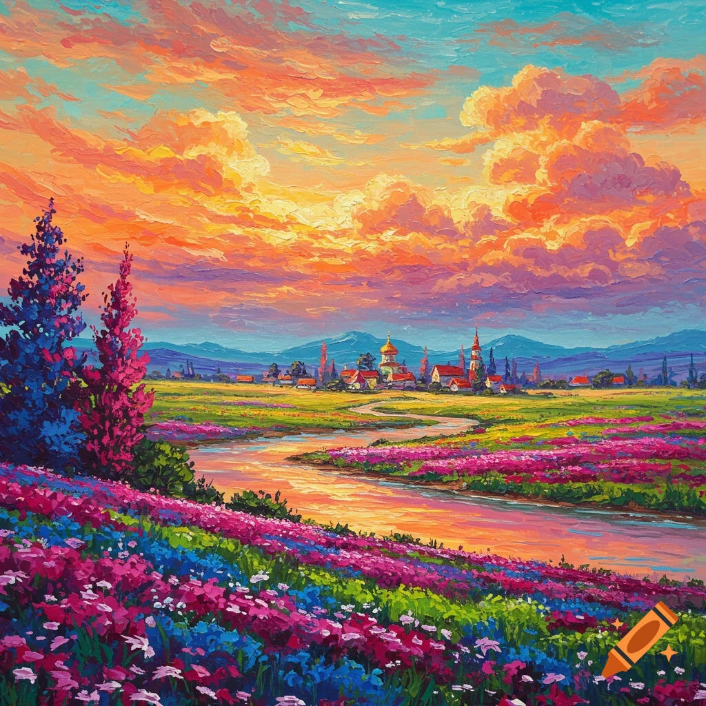 A vibrant Jim Musil-style painting of a colorful landscape with fields of flowers, a river, a village, and mountains under a dramatic orange and purple sky.