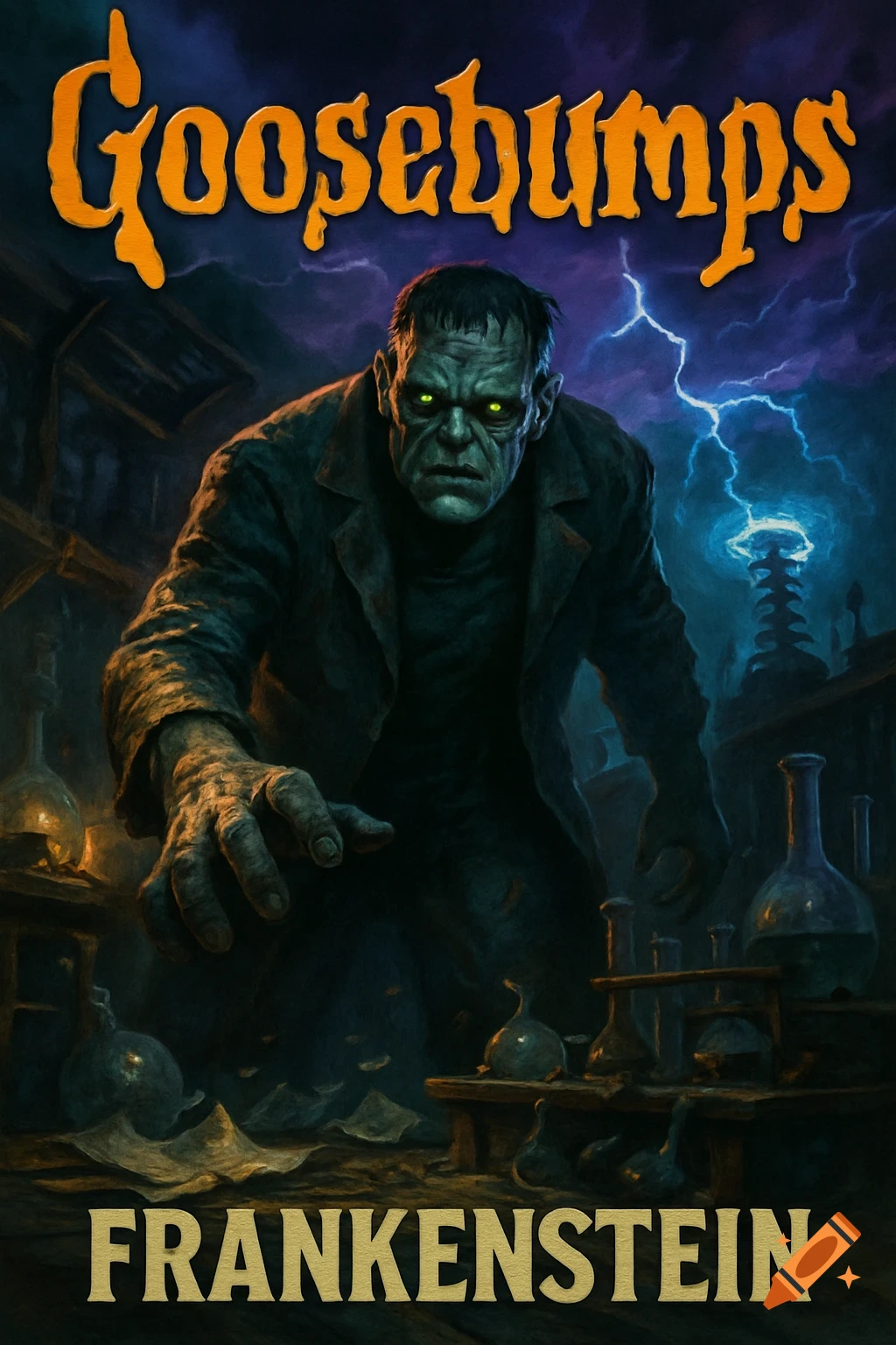 Goosebumps book cover featuring a menacing Frankenstein's monster in a dark, stormy lab with lightning, reaching forward.