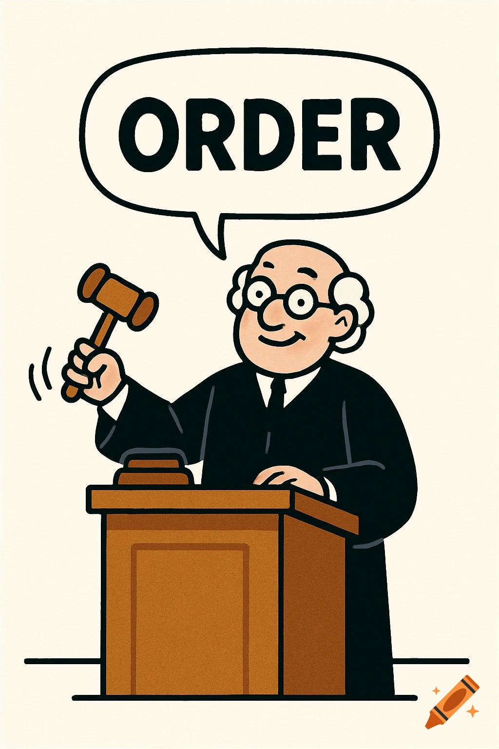 A simple cartoon of a judge in a black robe holding a gavel, with a speech bubble saying 'ORDER'.