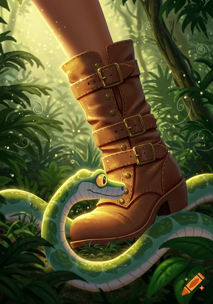 A stylized illustration of a brown boot with buckles stepping over a friendly-looking green cartoon snake in a lush jungle.
