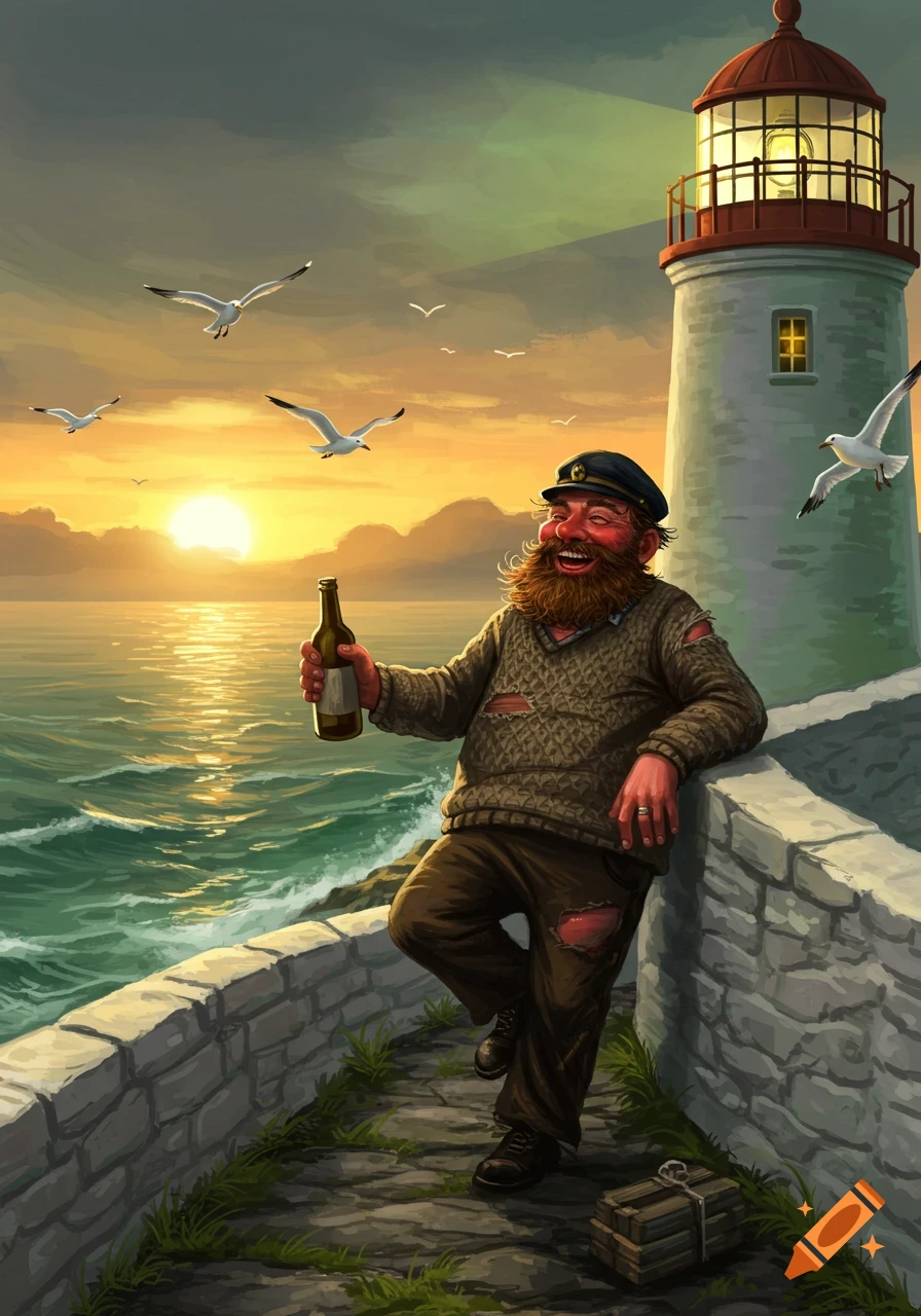 A jovial, bearded lighthouse keeper leans on a stone wall, holding a bottle, with a lighthouse and sunset ocean view.