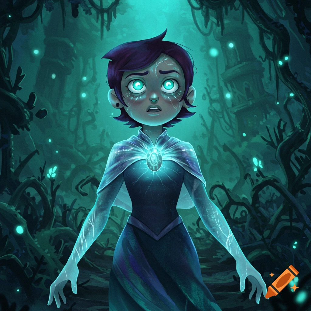 A cartoon character with glowing eyes and magical veins stands in a dark, overgrown forest, emanating a teal glow from their chest gem and arms.
