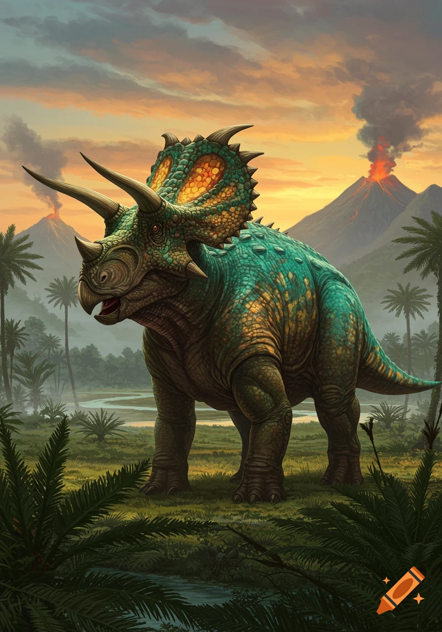 A vibrant green and orange Triceratops-like dinosaur in a lush prehistoric landscape with erupting volcanoes at sunset, detailed illustration.