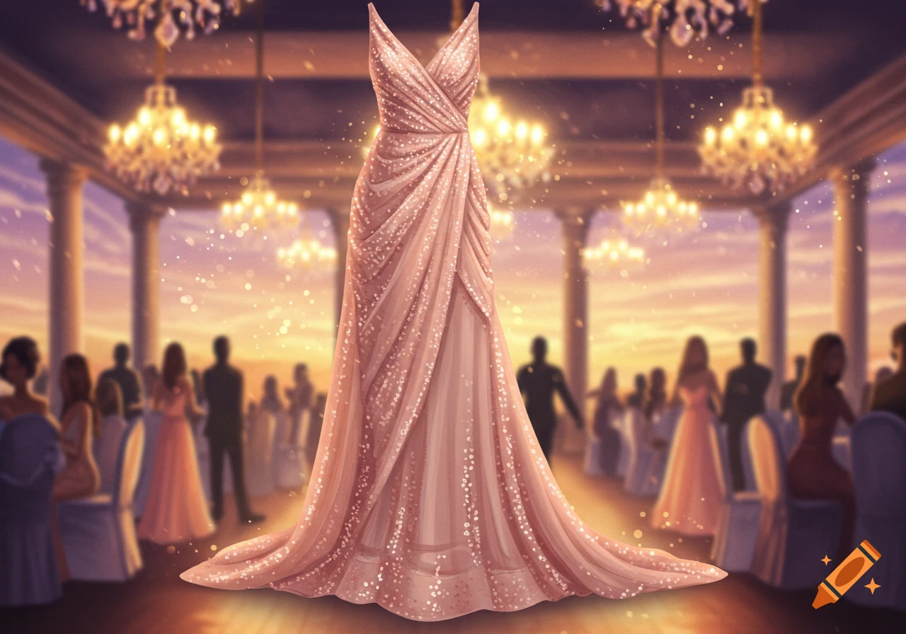 A sparkling pink dress displayed prominently in a grand ballroom with blurred figures and chandeliers in the background.