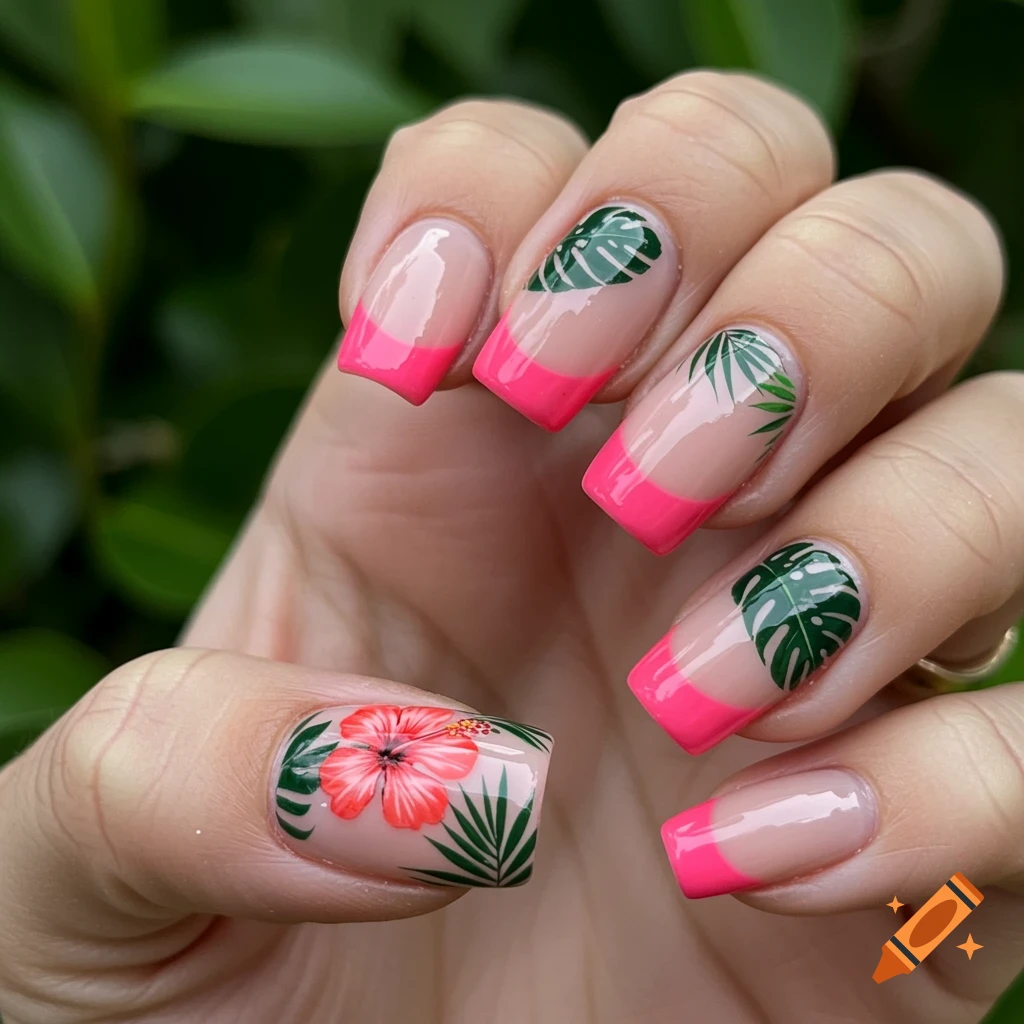 Close-up of a hand with nails featuring bright pink French tips and tropical green leaf designs, with one nail having a coral hibiscus flower.