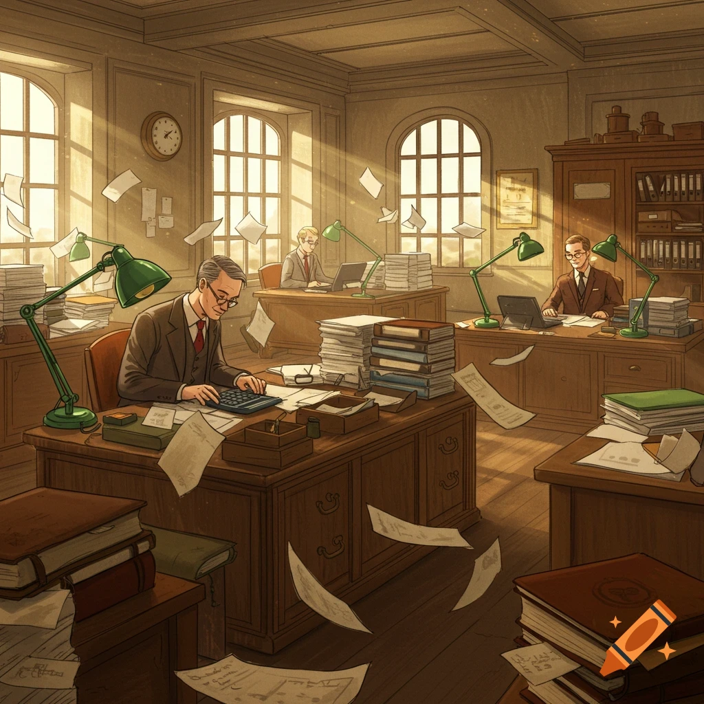 An illustration of an old-fashioned office bustling with activity. Sunlight streams through large windows, illuminating accountants working at wooden desks piled high with papers. Loose papers float through the air.