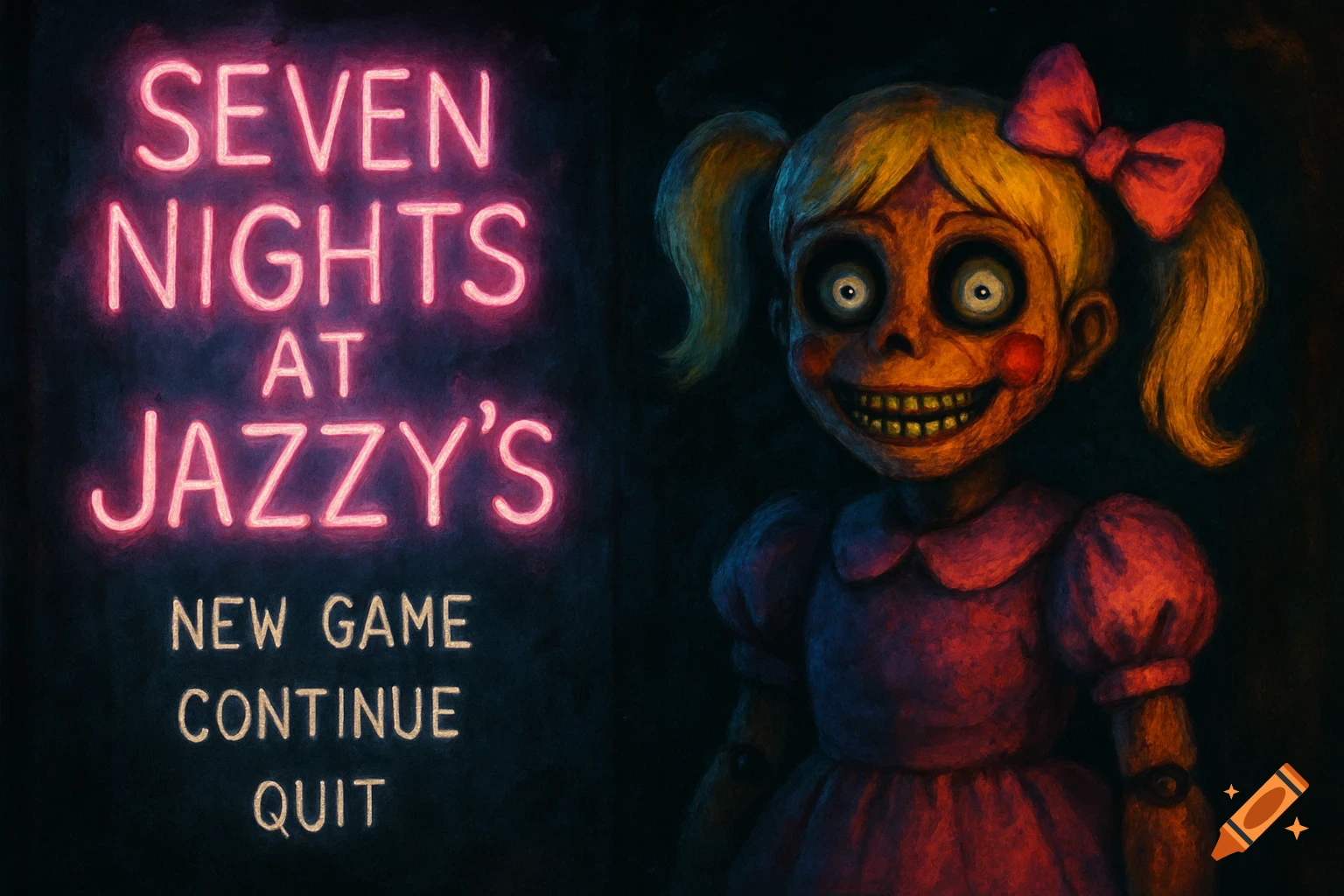 A horror video game menu with pink neon title "Seven Nights at Jazzy's" on the left and a creepy, orange-skinned animatronic girl with pigtails and a large smile on the right.
