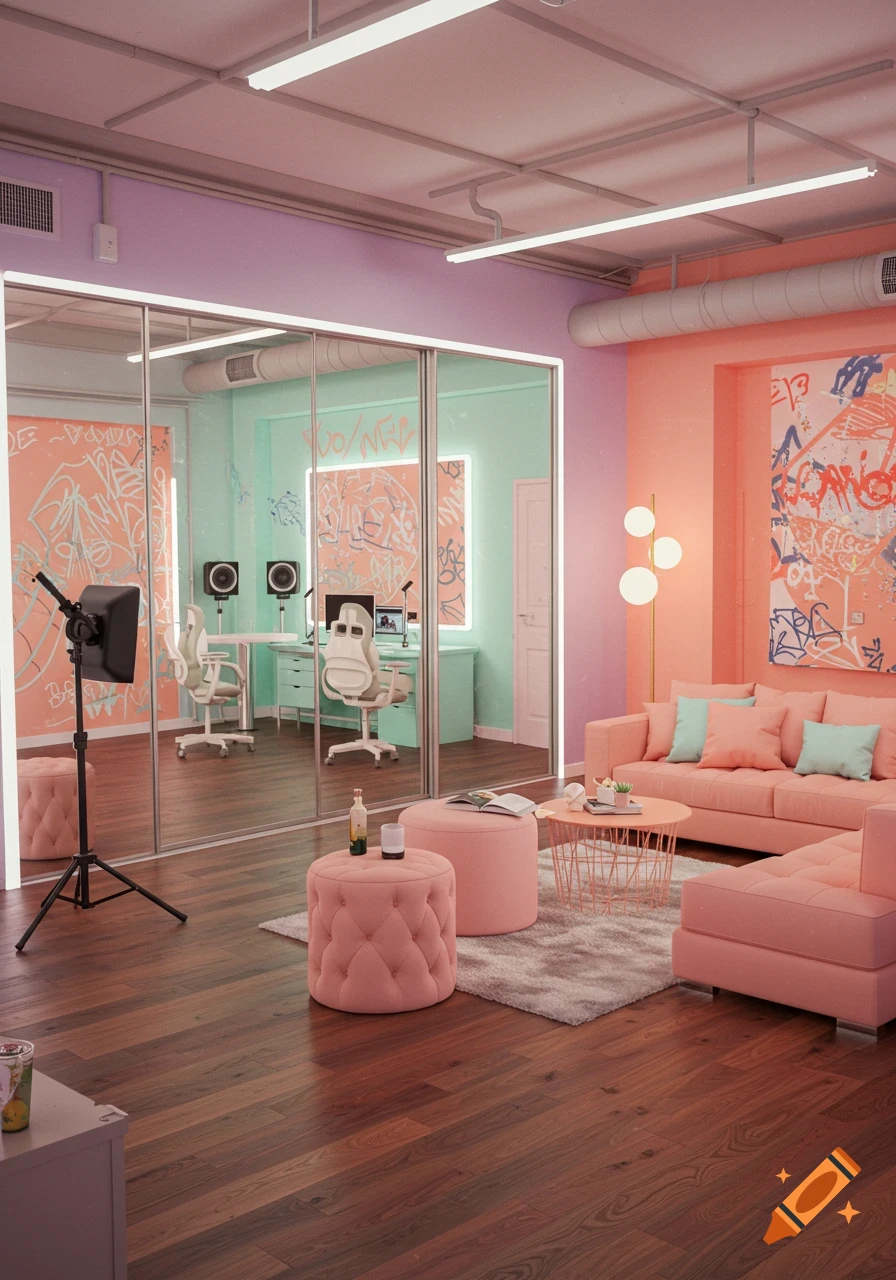 A pastel pink and purple streaming studio with a mirrored wall reflecting a teal room with computers, set against a backdrop of graffiti-style art.